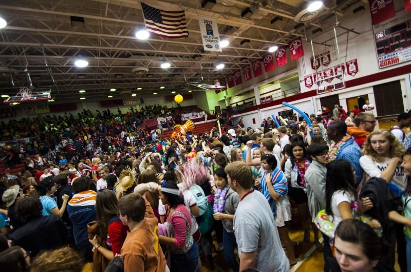After receiving the spirit stick, the seniors immediately stormed the floor. Photo by Jack Steele Mattingly