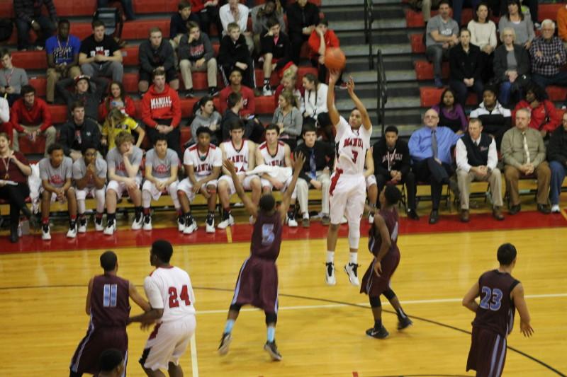 Chris West (12, #3) hits an open three. West had 14 points for the Crimsons, including six in the first quarter.