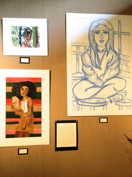Art by La'Daija Bryant. Top left: "Woman in Wrap" Bottom left: "Natural Woman" Right: "Madison"