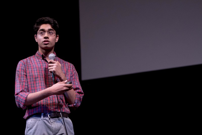 Mukund Venkatakrishnan (11, MST) discusses his innovative project, which giving his presentation. Photo by Josh Jean-Marie.