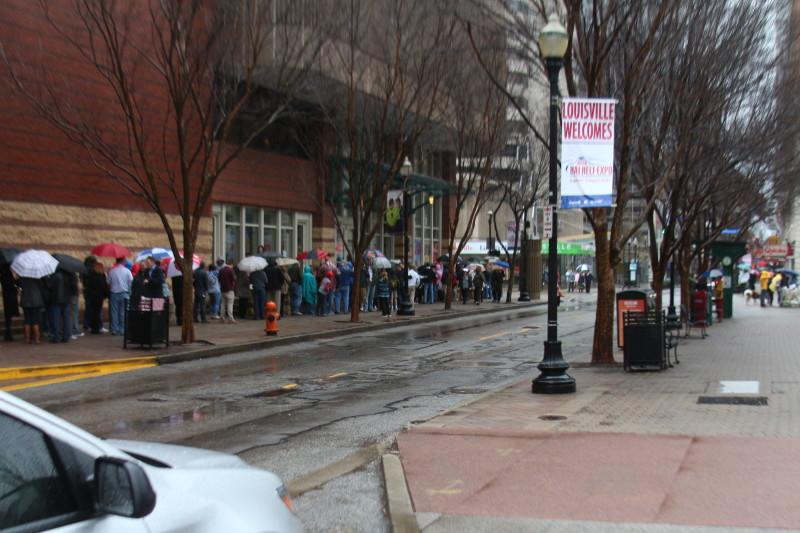 Lines for the rally wrapped around the building and grew longer as the afternoon progressed. Photo by Josh Jean-Marie.