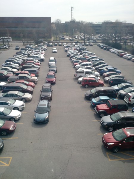 Manual's always full parking lot shows that seniors are taking advantage of the low gas prices. Photo by author.
