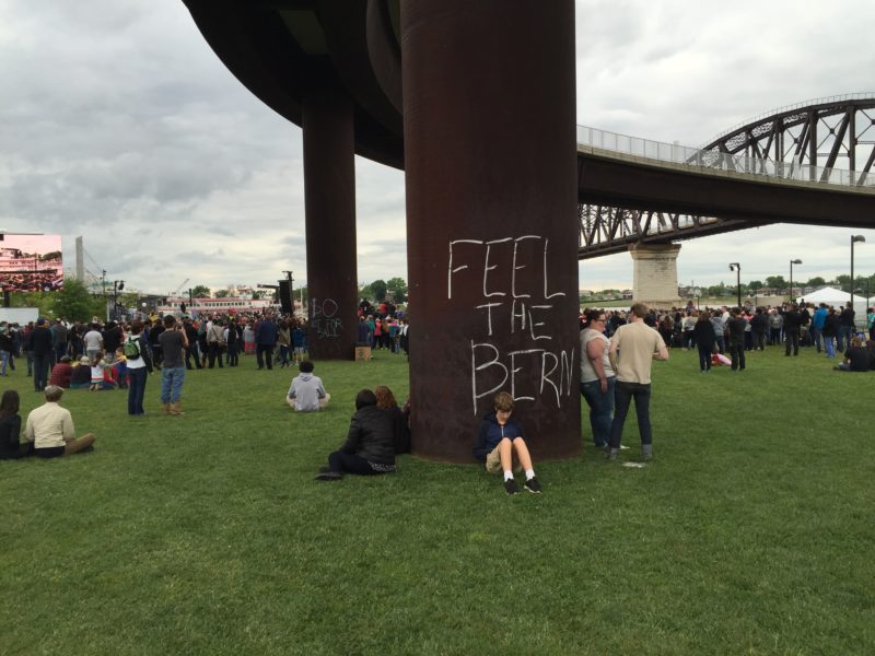 Supporters at the Sanders rally showed support by adorning the nearby bridge with slogans. 