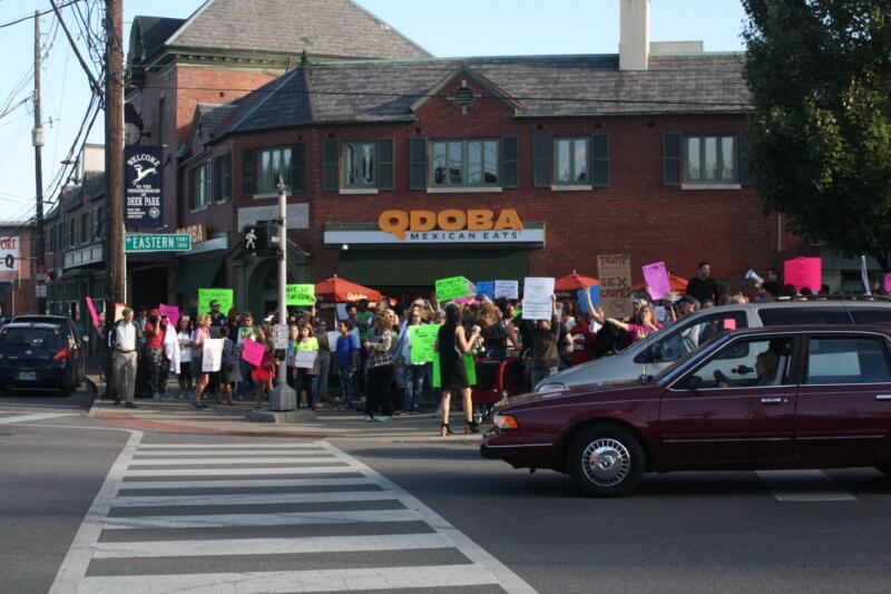 Rally gathers on the corner of Bardstown Road and Eastern Parkway. Photo by Phoebe Monsour.